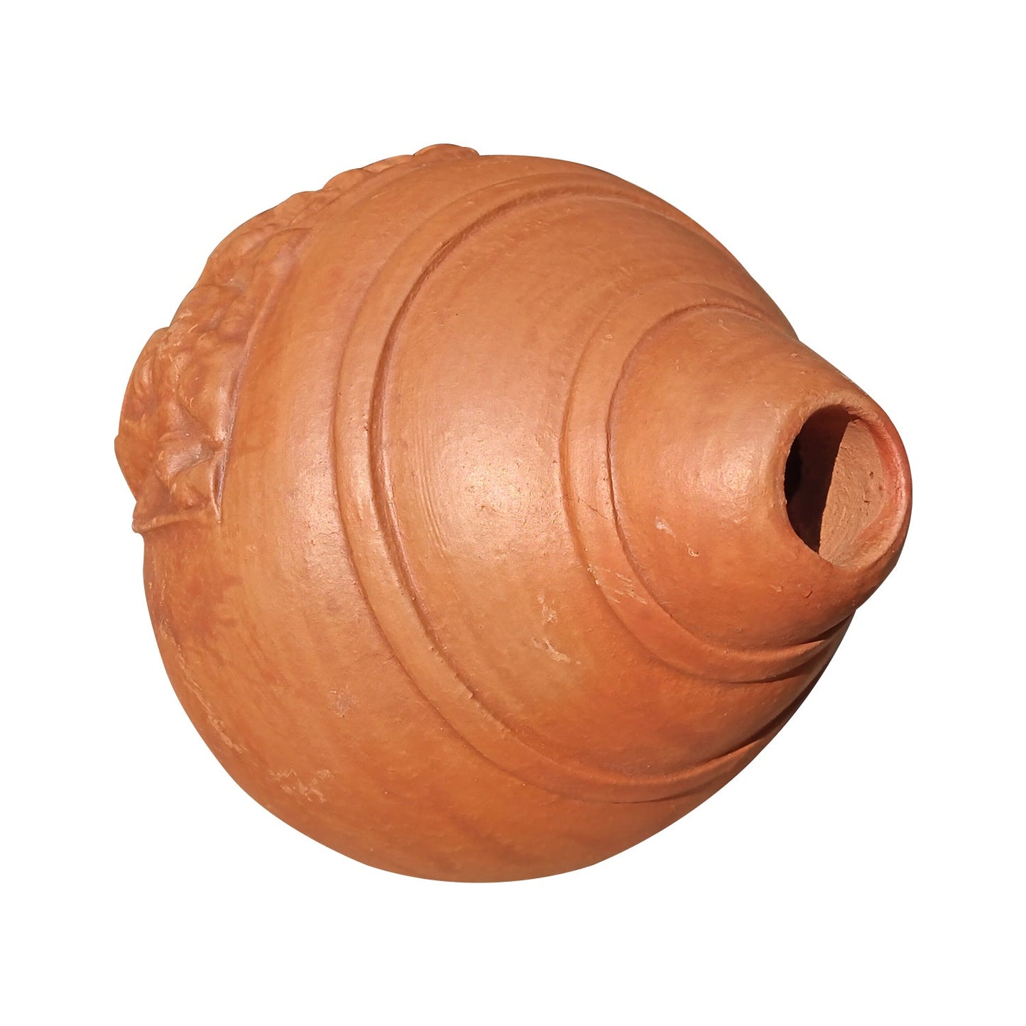 Back view of brown terracotta shankha conch shell handcrafted in Panchmura, Bankura, West Bengal, with smooth curves and earthy finish