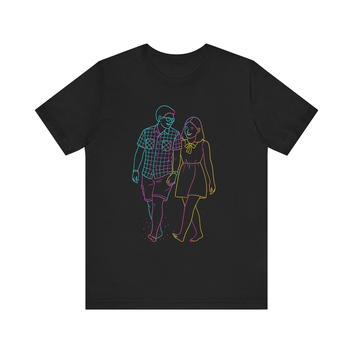 Black t-shirt with colorful graphic of a man and woman walking on a white background