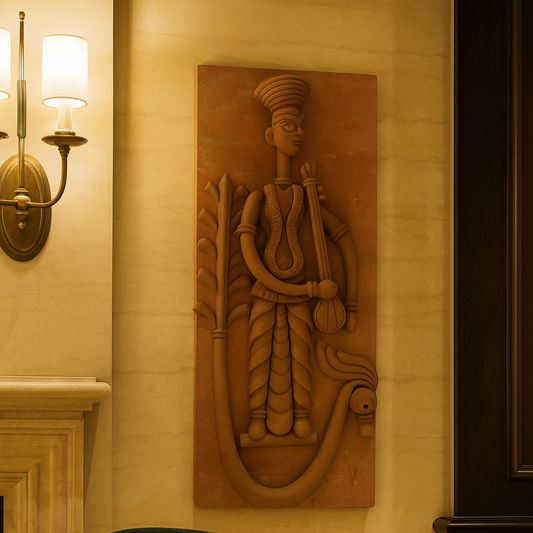 Front view of Handcrafted wall hanging terracotta Saraswati statue in warm brown clay, made in Panchmura, Bankura, for home and spiritual décor lifestyle image