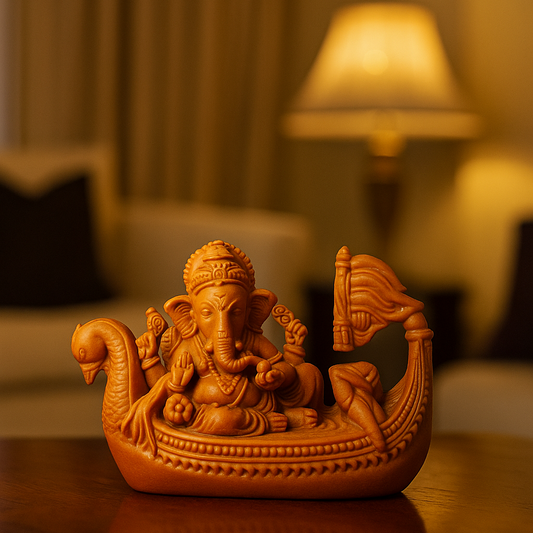 Front view of handcrafted terracotta Ganesha figurine seated in a clay boat, warm brown finish, made in Panchmura, Bankura, spiritual décor lifestyle image