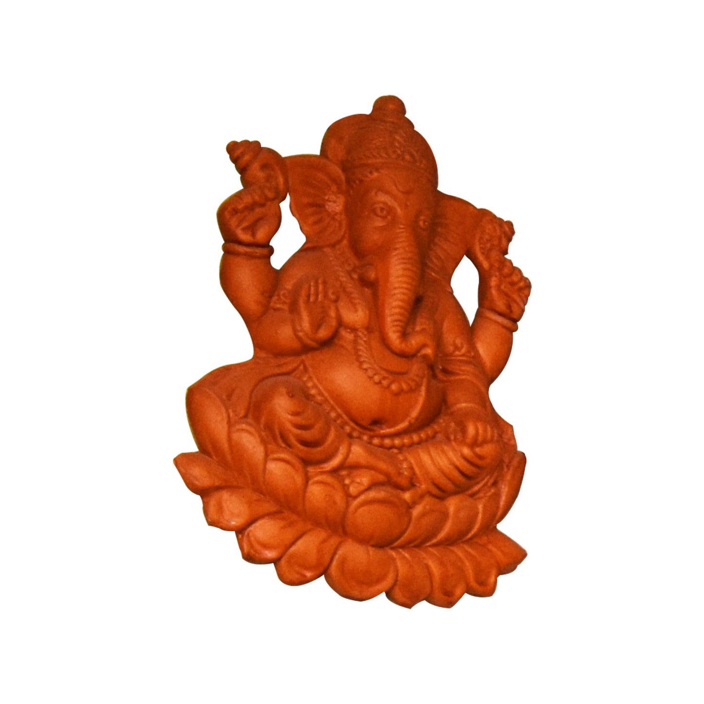 Front view of handcrafted terracotta Ganesha idol sitting on a lotus flower, natural clay sculpture made in Panchmura, Bankura, for spiritual decor