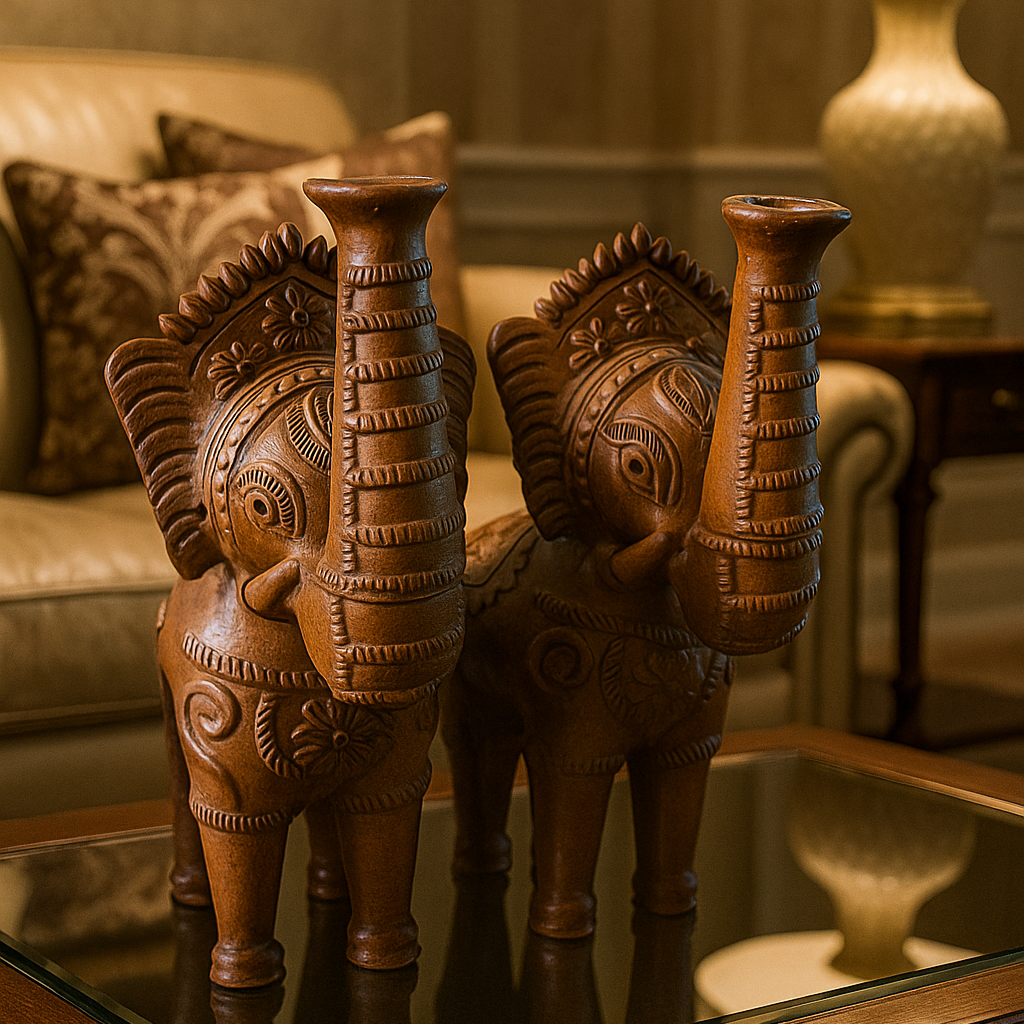 Front view of a pair of handcrafted terracotta elephant figurines made in Panchmura, West Bengal Lifestyle Image