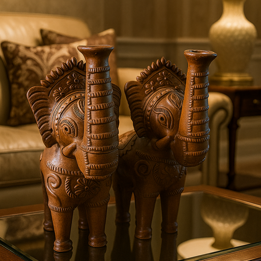 Front view of a pair of handcrafted terracotta elephant figurines made in Panchmura, West Bengal Lifestyle Image