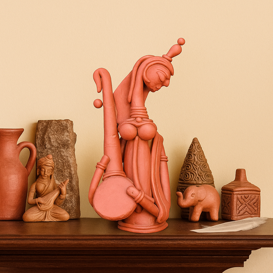 Front view of brown terracotta Saraswati statue playing veena, handcrafted in Panchmura, West Bengal lifestyle image