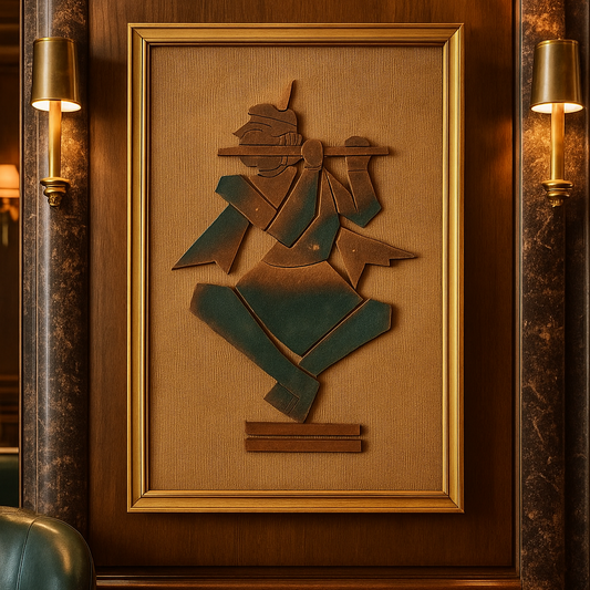 Front view of handmade terracotta Lord Krishna Playing a flute wall hanging in natural clay tones from Panchmura, India, spiritual home décor lifestyle image