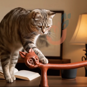 Handmade terracotta long-bodied cat statuette in natural brown clay, displayed on a wooden shelf – front view