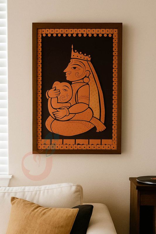 Handcrafted Bankura terracotta artwork showing a divine mother holding baby Lord Ganesha, framed with traditional clay detailing on a black background.