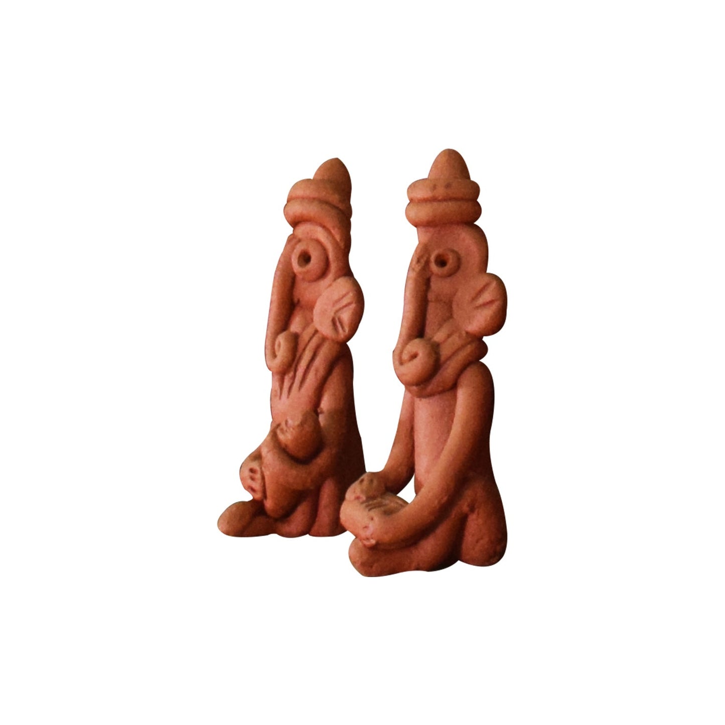 Left view of a handcrafted terracotta Ganesha figurines in warm clay, seated posture, made in Panchmura, Bankura, decorative showpiece pair