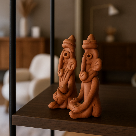 Left view of a handcrafted terracotta Ganesha figurines in warm clay, seated posture, made in Panchmura, Bankura, decorative showpiece pair lifestyle image