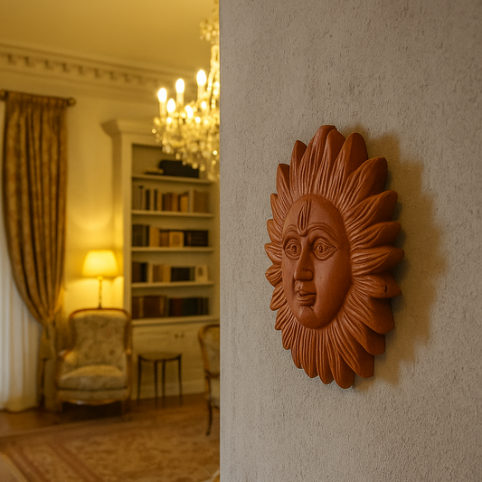 Side view of handcrafted terracotta wall hanging depicting Surya sun face with radiant rays, natural clay decor from Panchmura, Bankura Lifestyle Image