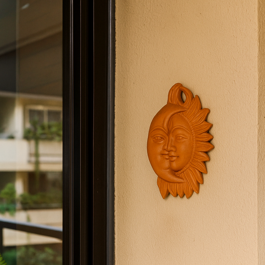Front view of handcrafted terracotta Surya Chandra wall hanging in warm brown clay from Panchmura, combining Sun and Moon design for home décor lifestyle image