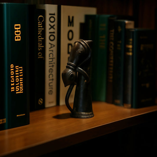 Side view of a handcrafted black clay horse head sculpture on a solid base, made in Panchmura, West Bengal lifestyle image