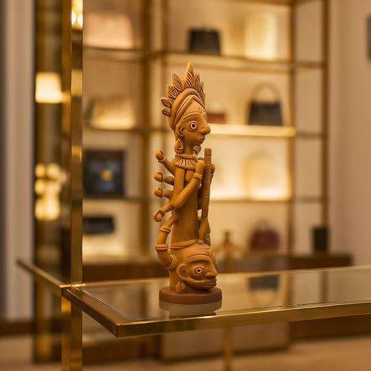 Side view of handcrafted terracotta Durga statue made in Panchmura, Bankura, depicting Hindu goddess Durga in warm clay finish lifestyle image