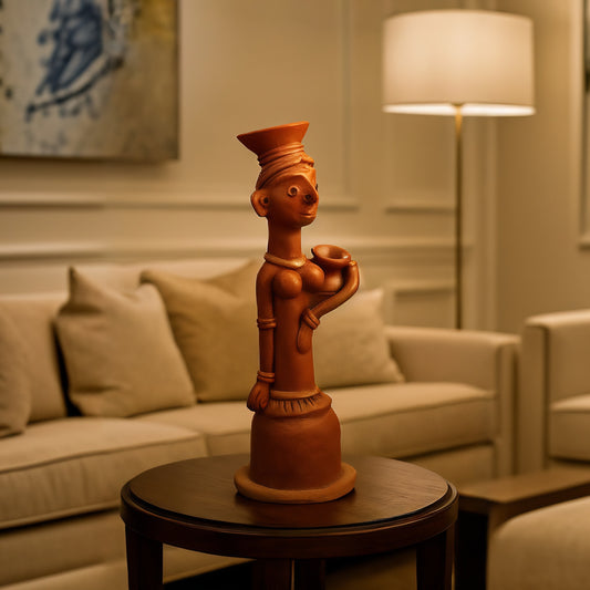 Side view of handcrafted terracotta statue of an Indian woman carrying a clay pot, made in Panchmura, Bankura, warm earthy finish for home or garden décor lifestyle image