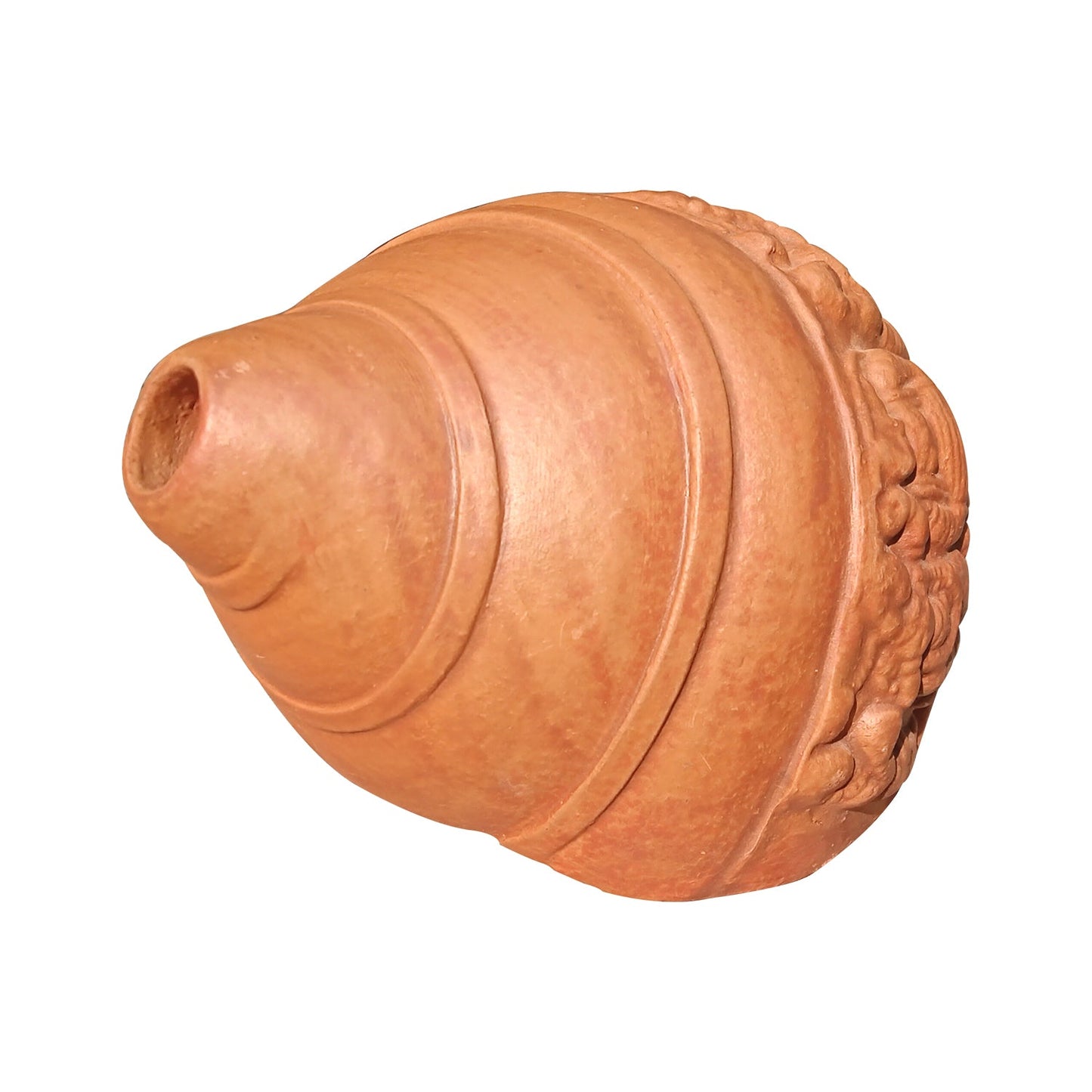 Side view of brown terracotta shankha conch shell handcrafted in Panchmura, Bankura, West Bengal, with smooth curves and earthy finish