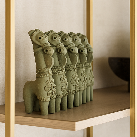 Side view of four handcrafted terracotta horse figurines made from natural clay, created in Panchmura, Bankura, ideal for traditional home decor