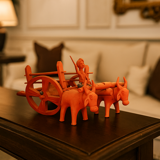 Side view of Natural clay terracotta bullock cart handcrafted in Panchmura, Bankura, with warm brown finish and traditional design Lifestyle Image