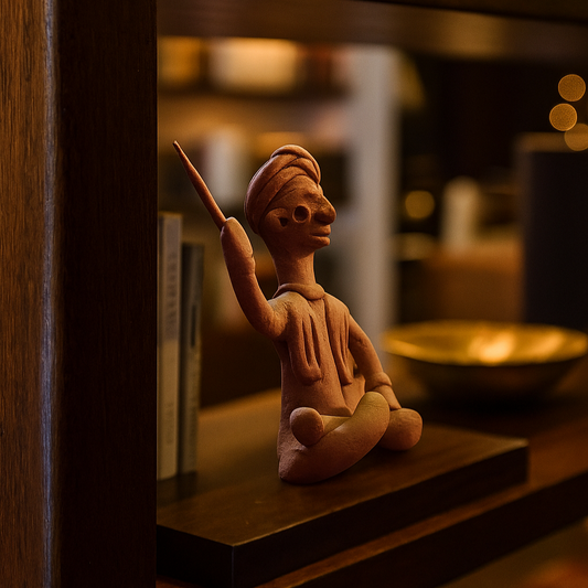 Side view of single handcrafted terracotta musical man figurine in brown clay from Panchmura, Bankura, showing a seated figure playing a traditional instrument Lifestyle Image