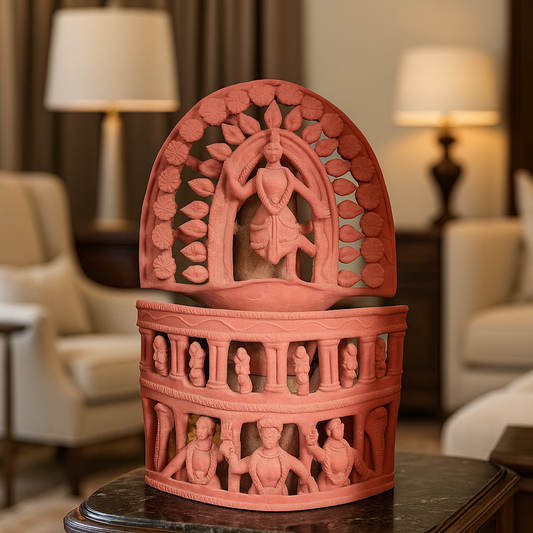 Front view of a handcrafted terracotta brown décor piece made in Panchmura, West Bengal Lifestyle Image