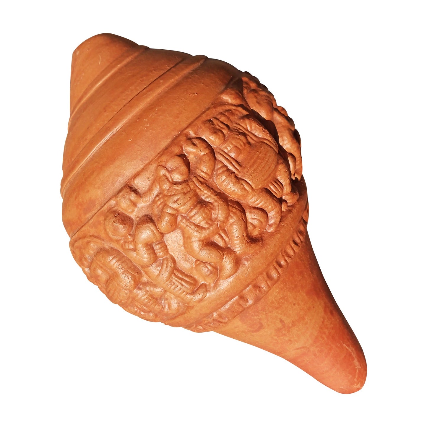 Top view of brown terracotta shankha conch shell handcrafted in Panchmura, Bankura, West Bengal, with smooth curves and earthy finish