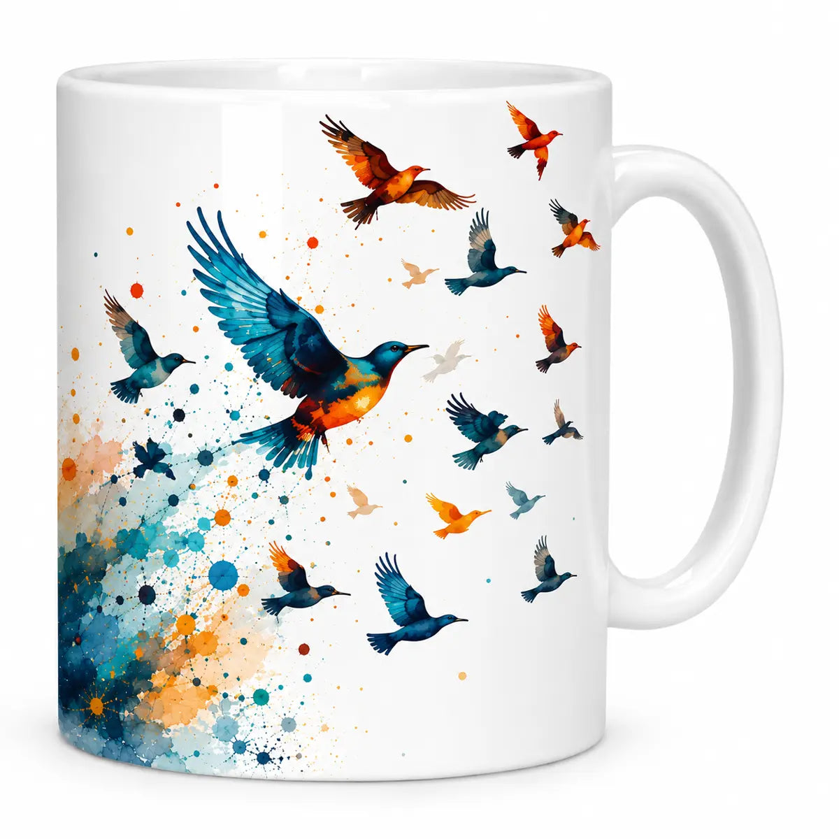 Sip in style with our abstract paint splatter flying birds ceramic coffee mug. Featuring vibrant azure and orange avian artwork. Microwave & dishwasher safe!