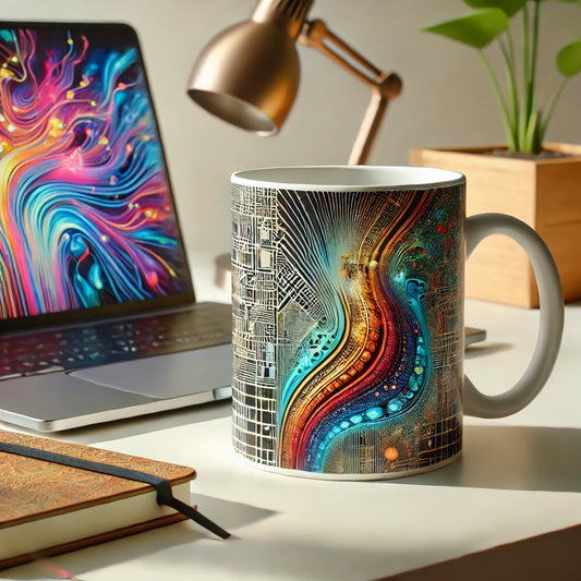 A professional lifestyle photograph of a white ceramic coffee mug sitting on a minimalist desk. The mug showcases a unique graphic design blending black-and-white digital circuit patterns with a vibrant, flowing wave of teal, orange, and blue colors. The setting includes a laptop, desk lamp, and plant, perfect for a creative workspace.