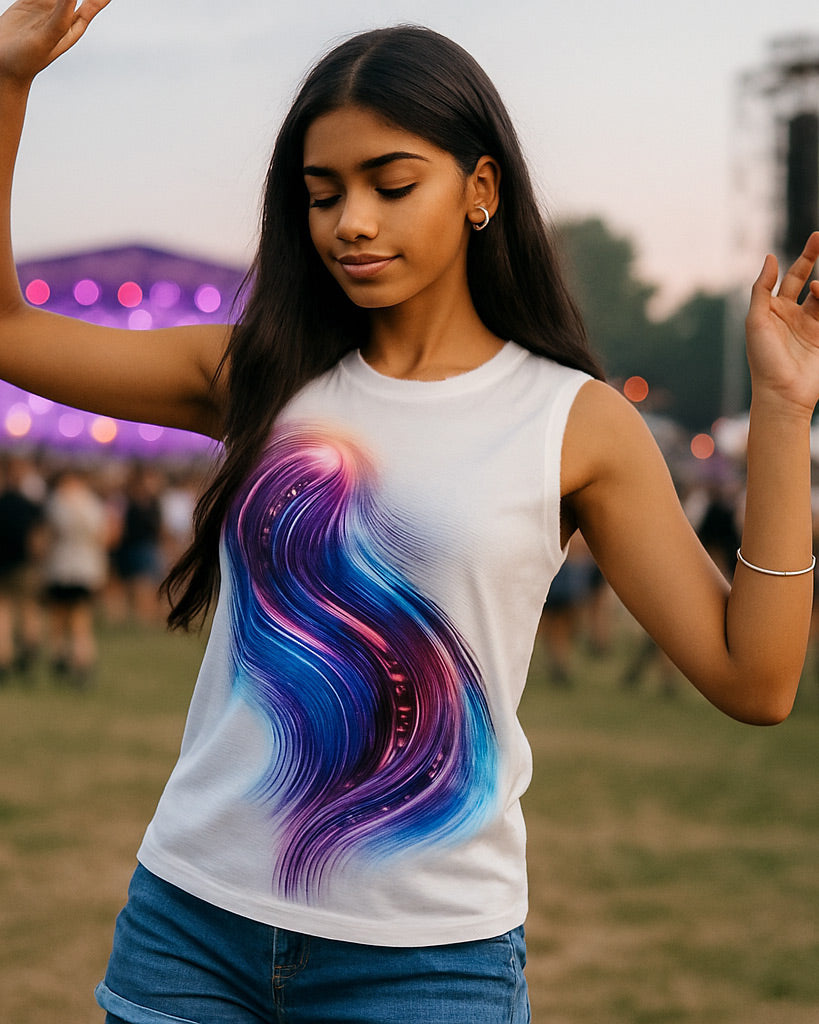 A woman wearing a unique sleeveless white tank top with an abstract AI swirl print at a music festival