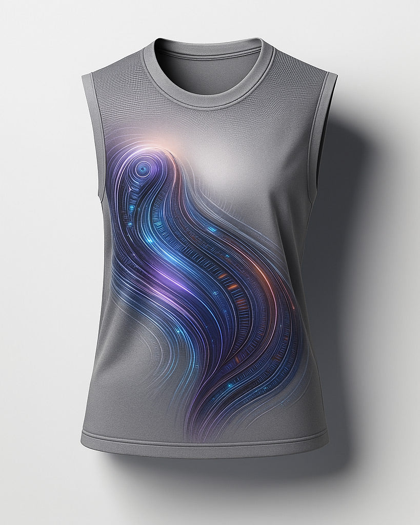 A unique sleeveless gray tank top with an abstract AI swirl print