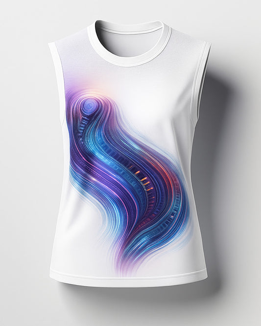A unique sleeveless white tank top featuring an abstract AI swirl print