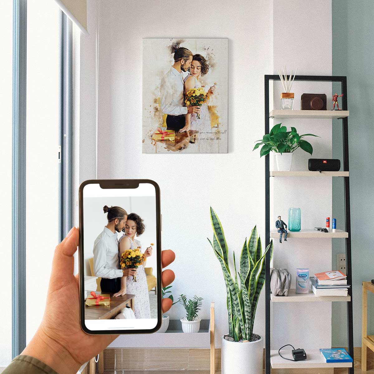 Transform photo into custom couple watercolor wall art, smartphone preview and framed canvas display