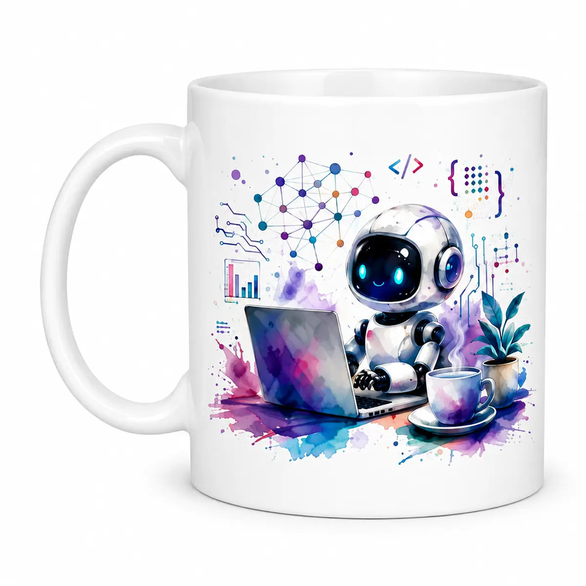 A glossy white custom AI developer neural network robot coffee mug featuring a cute robot working on a laptop with colorful watercolor splashes. Free shipping by Incotta.