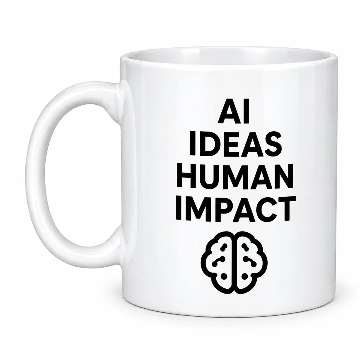 Start your morning with the custom AI ideas human impact coffee mug. Featuring a glossy white finish and minimalist digital brain graphic. Free shipping!