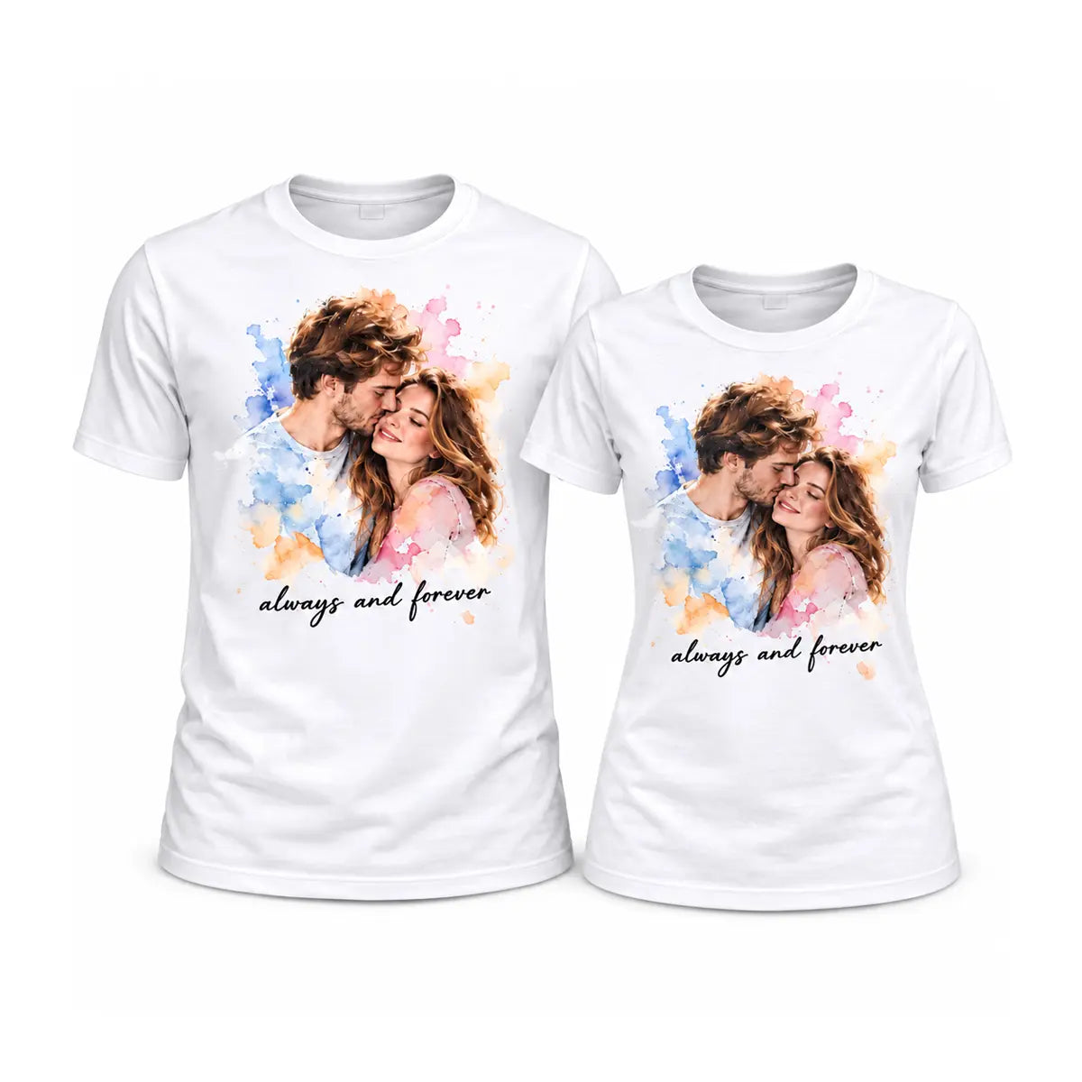 Match in style with custom always and forever watercolor couple shirts. Features soft pastel artwork printed on premium white cotton. Free shipping!