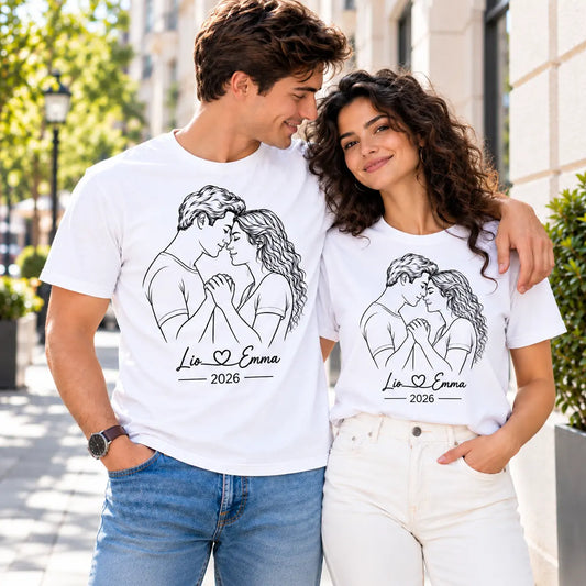 Commemorate your special year with custom couple line art name and date matching shirts. Features an elegant minimalist sketch on soft white cotton lifestyle image.