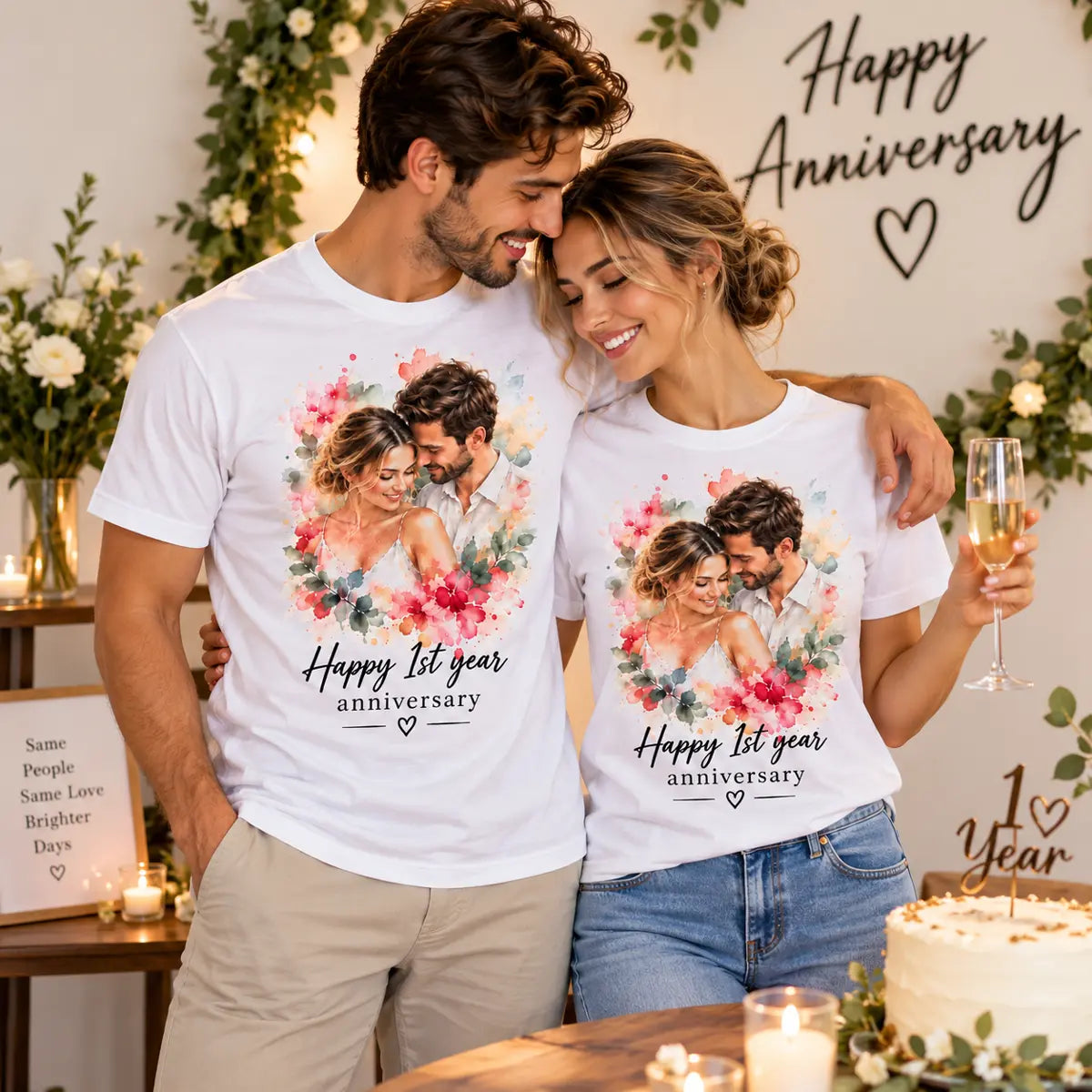 Celebrate your milestone with custom happy 1st year anniversary watercolor couple shirts. Features a romantic pastel floral portrait on soft white cotton t-shirt, lifestyle image.