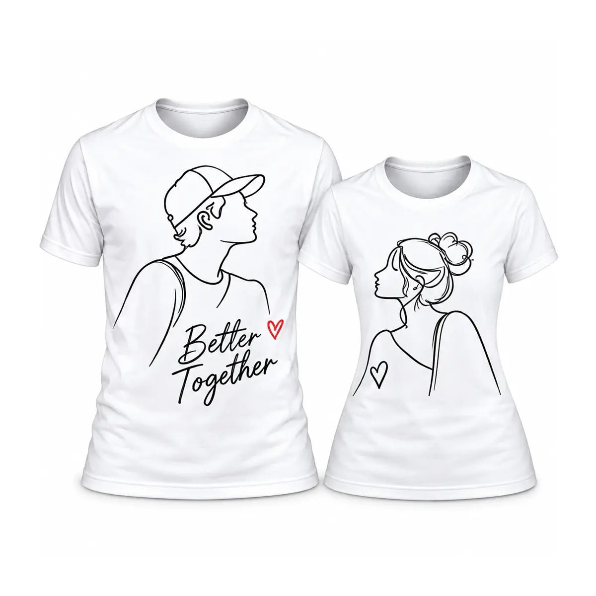 Show your love with our custom minimalist line art better together couple shirts. Features a continuous line drawing of a couple and a red heart.
