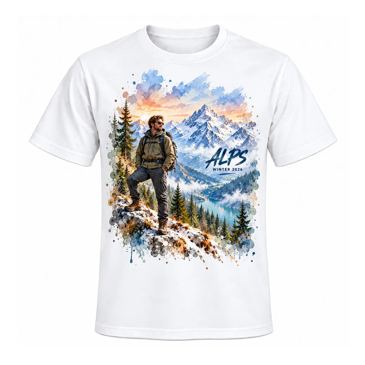 A white custom mountain hiking trip watercolor graphic tee featuring a personalized male hiker in the Alps with snow capped peaks. Free shipping by Incotta.