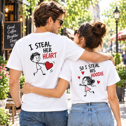 Celebrate your bond with custom steal her heart steal his hoodie couple t-shirts. Features cute stick figure doodles on soft white cotton tees lifestyle image.