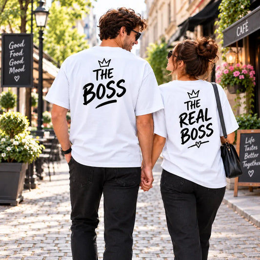 Share a laugh with our custom the boss the real boss couple t-shirts. Featuring bold black brush typography and crown icons on soft white cotton.