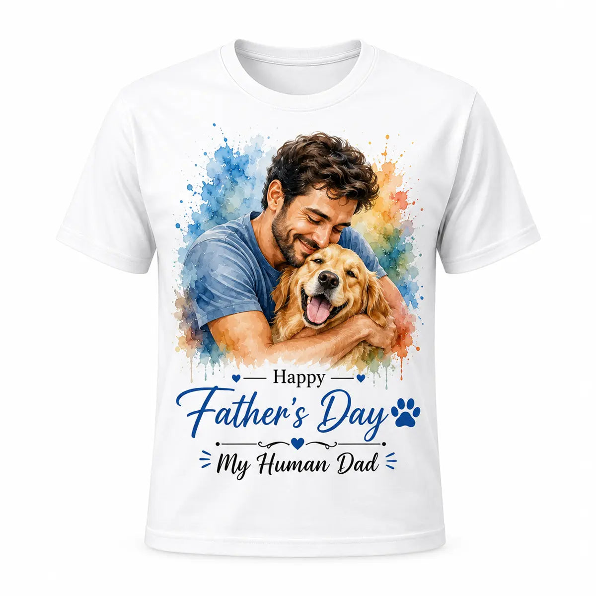 A white unisex t-shirt featuring a custom watercolor dog dad portrait from a photo, showing a smiling man hugging his golden retriever with Happy Father's Day text. Free shipping by Incotta.
