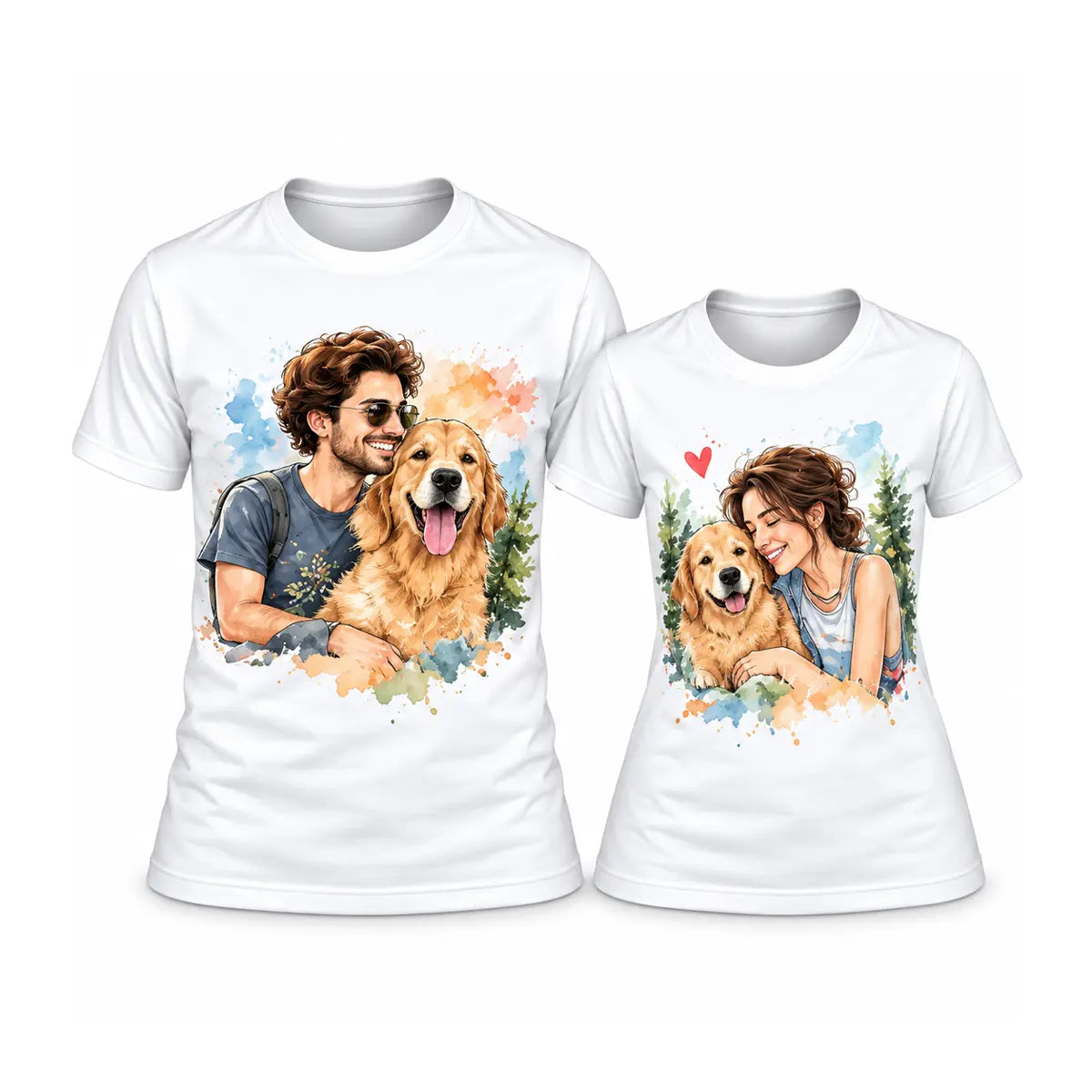 A premium custom watercolor dog parent portrait matching t-shirts set featuring a smiling couple and their happy golden retriever, surrounded by vibrant pastel splashes. Free shipping by Incotta.