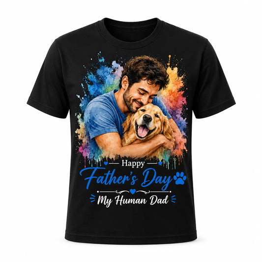 A custom watercolor t-shirt for Father's Day featuring a vibrant portrait of a man smiling and hugging a golden retriever, above the text "Happy Father's Day My Human Dad." Free shipping by Incotta.