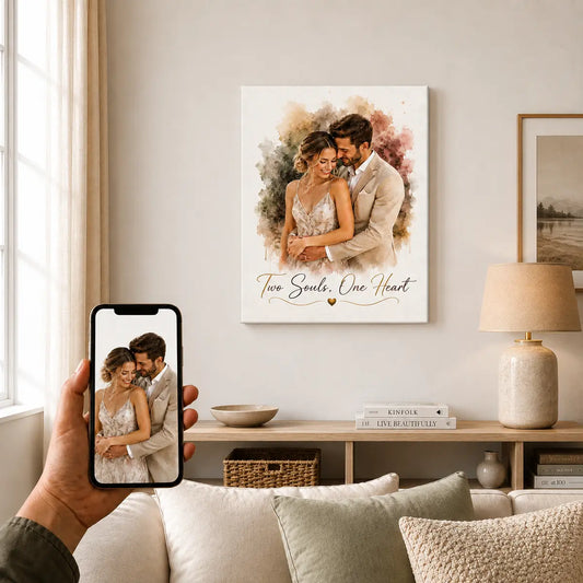 A custom watercolor couple portrait from photo canvas featuring a smiling couple embracing, complete with romantic text reading Two Souls, One Heart. Free shipping by Incotta. Lifestyle image.