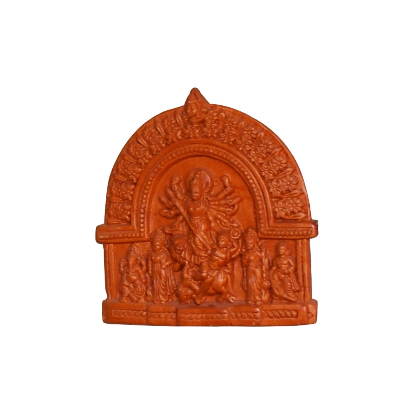 A front view of a handcrafted terracotta idol depicting the full Goddess Durga family. This traditional clay sculpture features the central ten-armed goddess in the Mahishasuramardini posture, flanked by deities Lakshmi, Saraswati, Kartik, and Ganesha, all framed by an intricately detailed decorative arch (Chaala) in a natural earthenware finish.