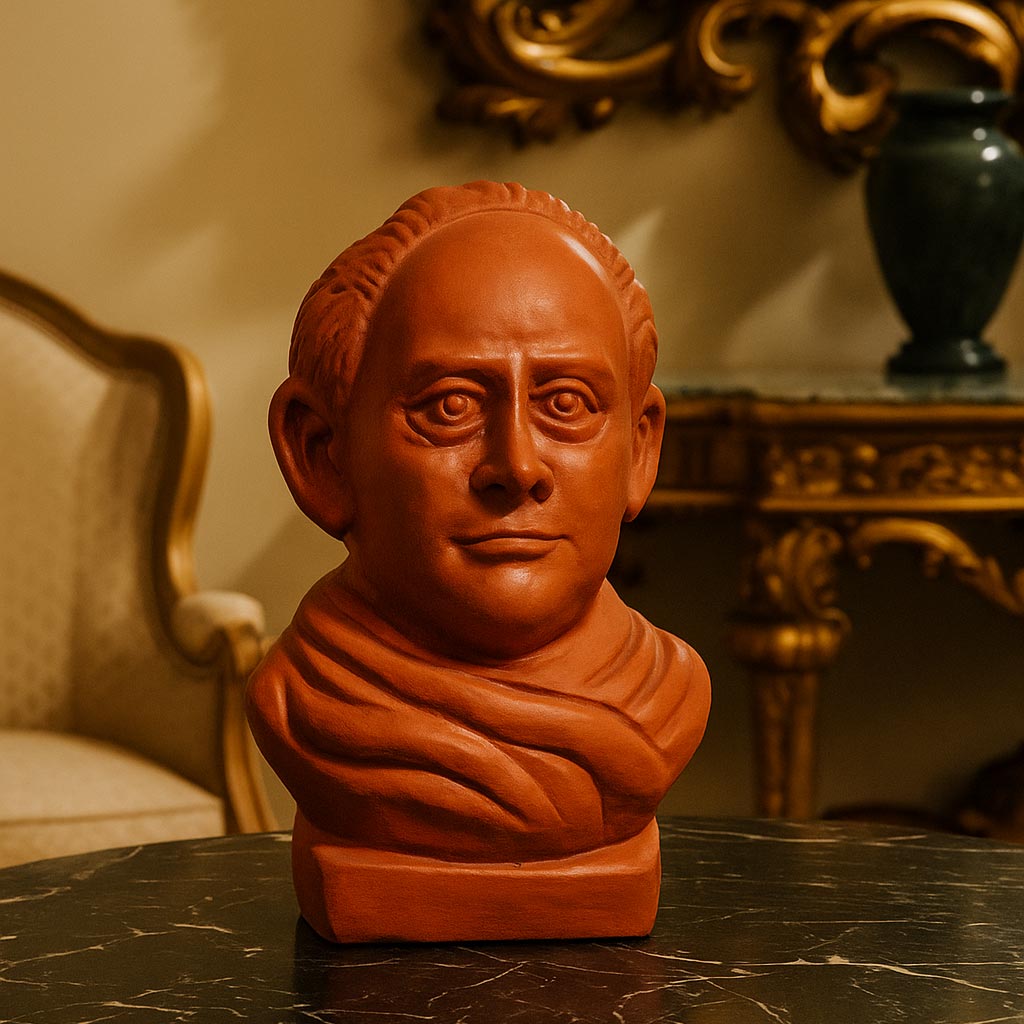 A sophisticated lifestyle photograph showing the handcrafted terracotta bust of Ishwar Chandra Vidyasagar placed on a dark marble table. The sculpture is framed by elegant antique furniture and gold accents, creating a refined atmosphere that honors Bengali heritage and intellectual history.