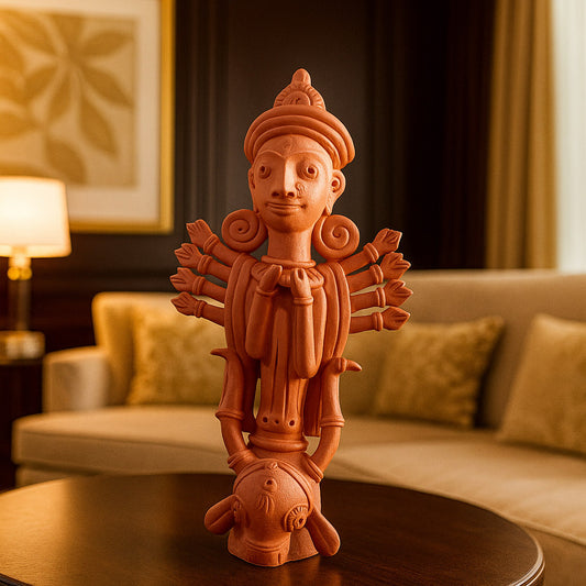 A sophisticated lifestyle photograph of a traditional Bankura terracotta horse standing on a marble coffee table. The handcrafted clay sculpture is showcased in a warm, contemporary living room setting with soft lighting, highlighting its intricate folk art patterns as a premium interior accent.