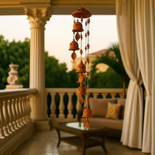 Front view of handcrafted terracotta wind chain with nine bells in warm brown clay, made in Panchmura, Bankura, hanging decor for good luck lifestyle image
