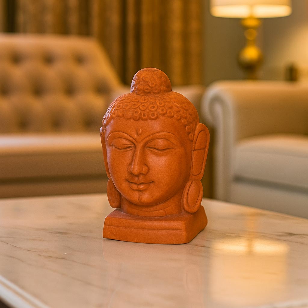 A lifestyle photograph featuring a handcrafted terracotta Buddha head sculpture displayed on a light marble table. The image captures the serene, meditative expression of the clay statue against a blurred background of a warm, elegant living room with beige furniture and soft lamp lighting.
