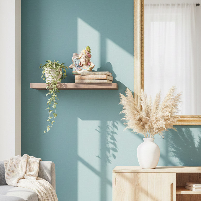 Radha Krishna spiritual decor displayed on a minimalist wall shelf, styled with books and greenery in a modern living space.