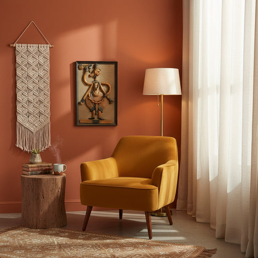 Warm bohemian living room corner featuring handcrafted Indian terracotta tribal wall art, mustard accent chair, macramé wall hanging, and soft natural light.